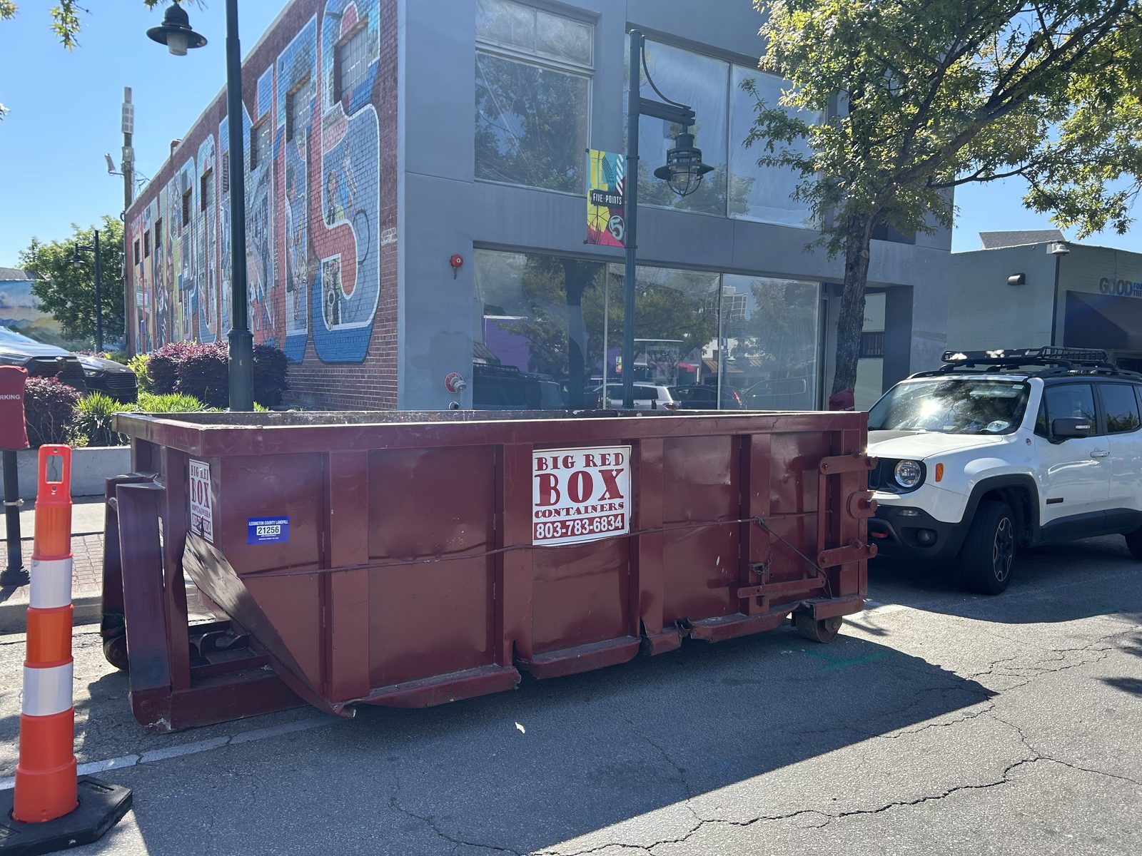 Big Red Box roll-off dumpster on a commercial job in Five Points, Columbia, SC